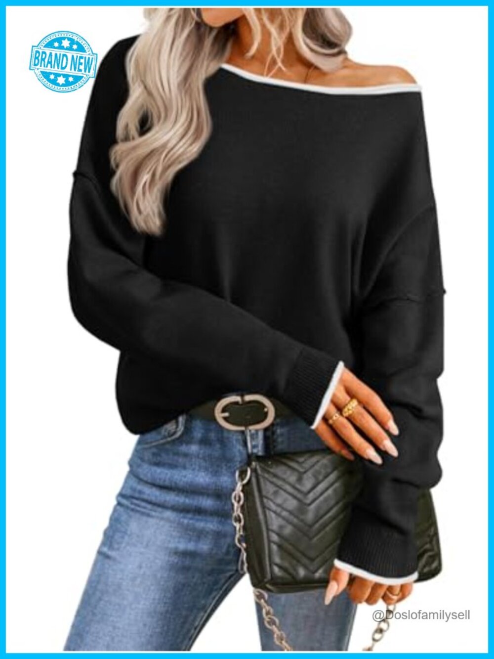 Off Shoulder Oversized Knit Sweater Batwing Sleeve Boat Neck Pullover